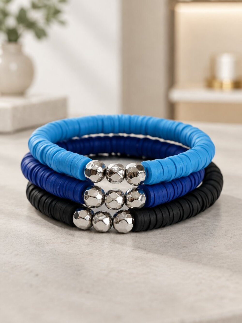 Set of 3 Blue, Black and Silver Beaded Bracelets